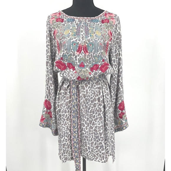 Biya by Johnny Was Dresses & Skirts - Biya Johnny Was Dress Womens S Gray Leopard Floral Rayon Embroidered Boho Tunic